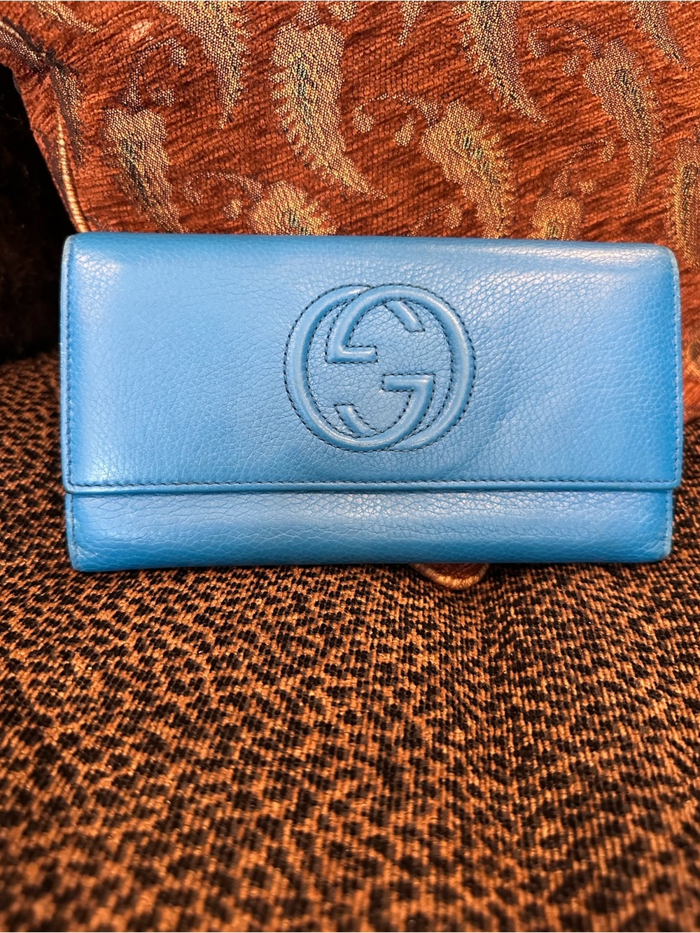 Gucci Soho Large Flap Long Wallet in Blue with Interlocking G logo